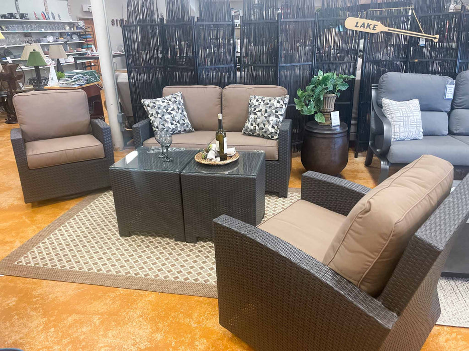 Northcape Cabo Wicker Loveseat, Swivel Glider Club Chairs & End Tables - Local Showroom