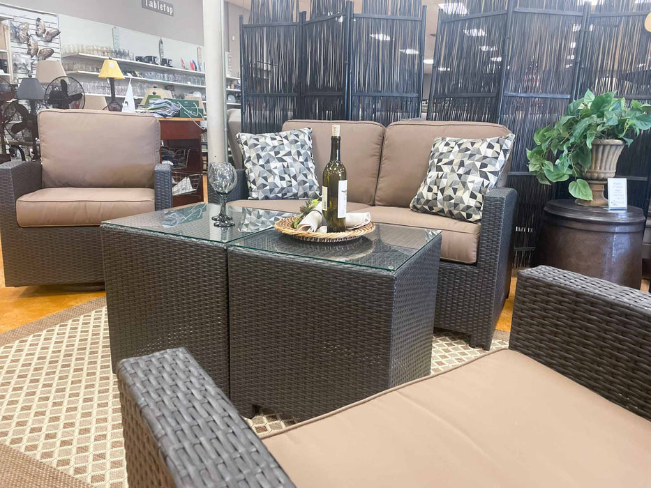 Northcape Cabo Wicker Loveseat, Swivel Glider Club Chairs & End Tables - Local Showroom