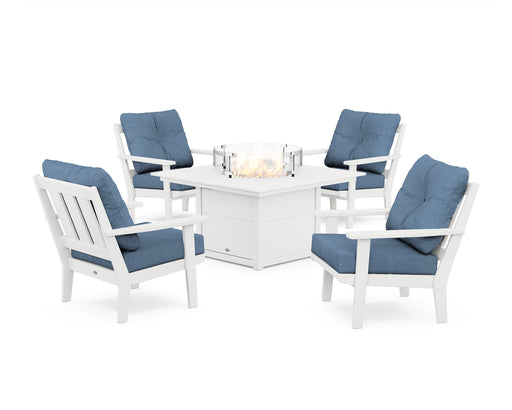 POLYWOOD Oxford 5-Piece Deep Seating Set with Fire Pit Table in White / Sky Blue