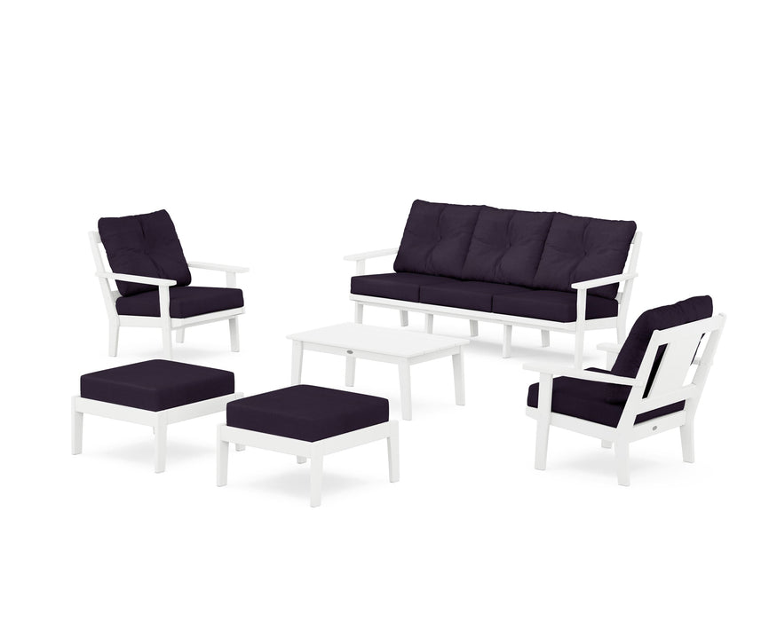 POLYWOOD Prairie 6-Piece Lounge Sofa Set in White / Navy Linen