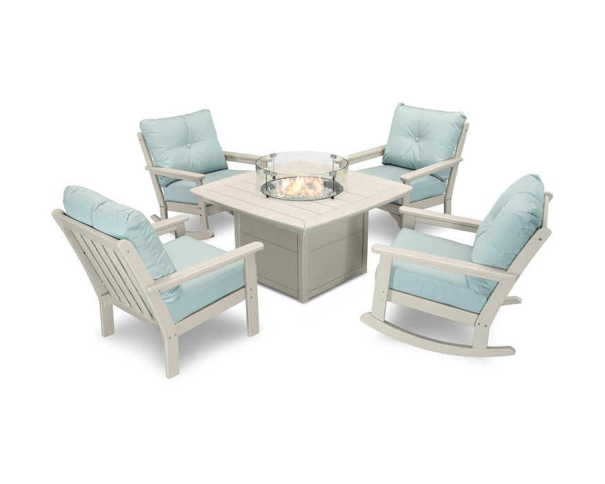 POLYWOOD Vineyard 5-Piece Deep Seating Rocking Chair Conversation Set with Fire Pit Table in Slate Grey with Natural Linen fabric