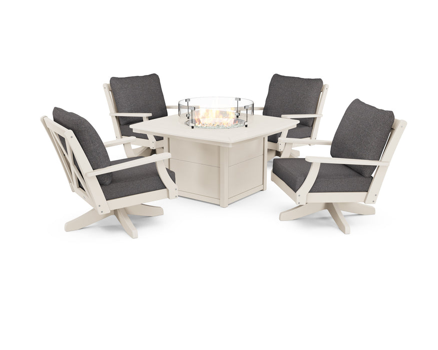 POLYWOOD Braxton 5-Piece Deep Seating Swivel Conversation Set with Fire Pit Table in Vintage White with Weathered Tweed fabric