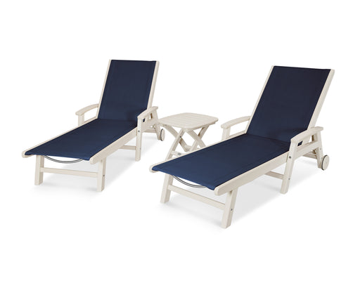POLYWOOD Coastal 3-Piece Wheeled Chaise Set in Sand with Navy 2 fabric