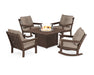 POLYWOOD Vineyard 5-Piece Deep Seating Rocking Chair Conversation Set with Fire Pit Table in White with Air Blue fabric