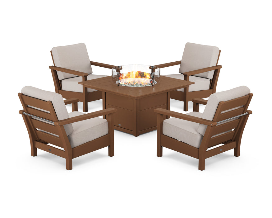 POLYWOOD Harbour 5-Piece Conversation Set with Fire Pit Table in Black with Bird's Eye fabric