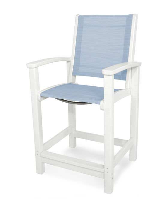 POLYWOOD Coastal Counter Chair in White with Poolside fabric