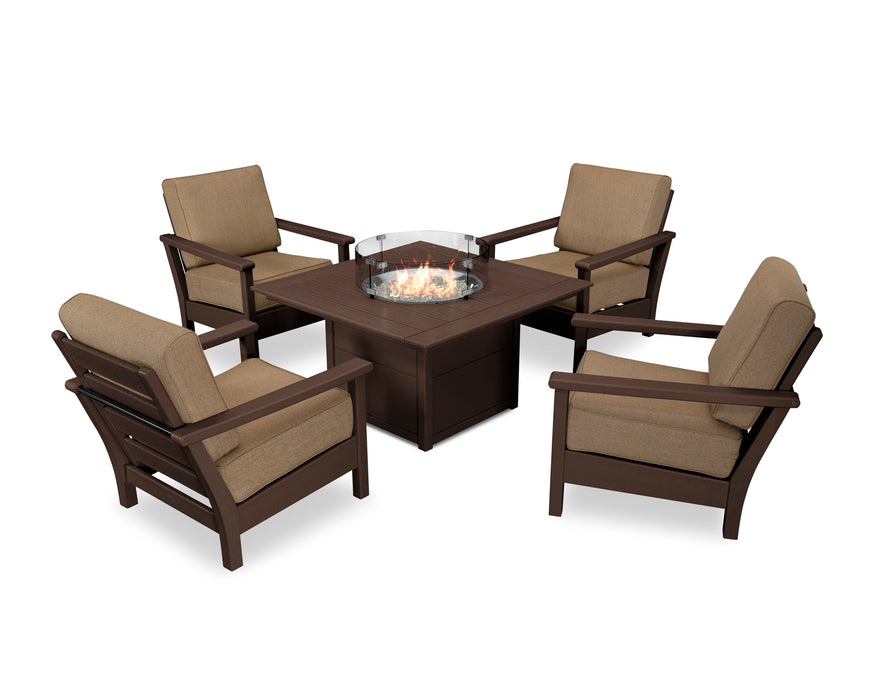 POLYWOOD Harbour 5-Piece Conversation Set with Fire Pit Table in White with Air Blue fabric
