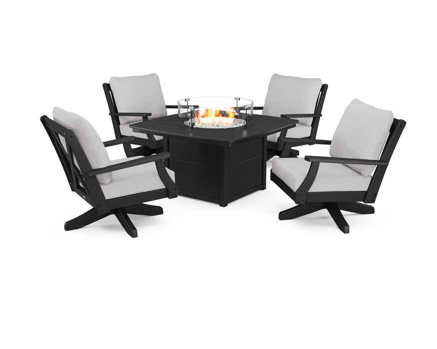 POLYWOOD Braxton 5-Piece Deep Seating Swivel Conversation Set with Fire Pit Table in Green with Weathered Tweed fabric