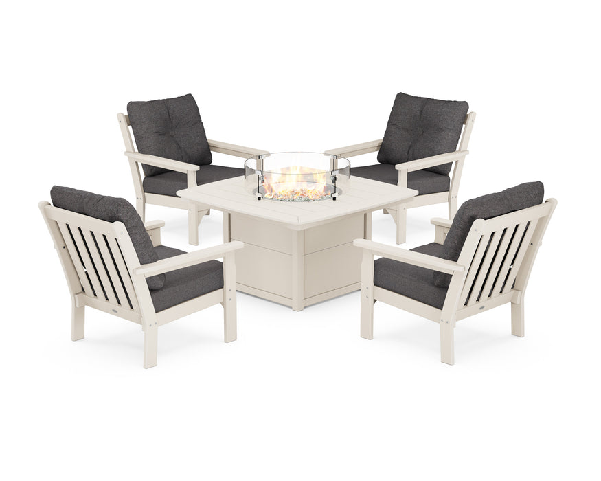 POLYWOOD Vineyard 5-Piece Conversation Set with Fire Pit Table in Black with Grey Mist fabric