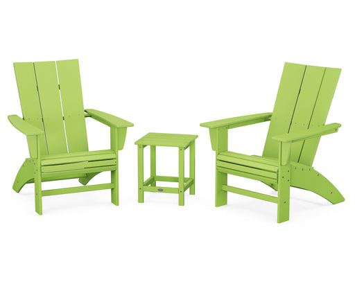 POLYWOOD Modern 3-Piece Curveback Adirondack Set with Long Island 18" Side Table in Lime