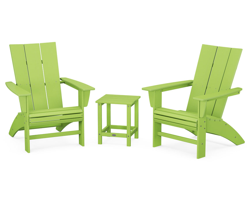 POLYWOOD Modern 3-Piece Curveback Adirondack Set with Long Island 18" Side Table in Lime