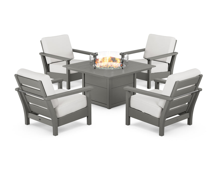 POLYWOOD Harbour 5-Piece Conversation Set with Fire Pit Table in Teak with Dune Burlap fabric