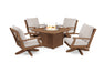 POLYWOOD Braxton 5-Piece Deep Seating Swivel Conversation Set with Fire Pit Table in White with Marine Indigo fabric