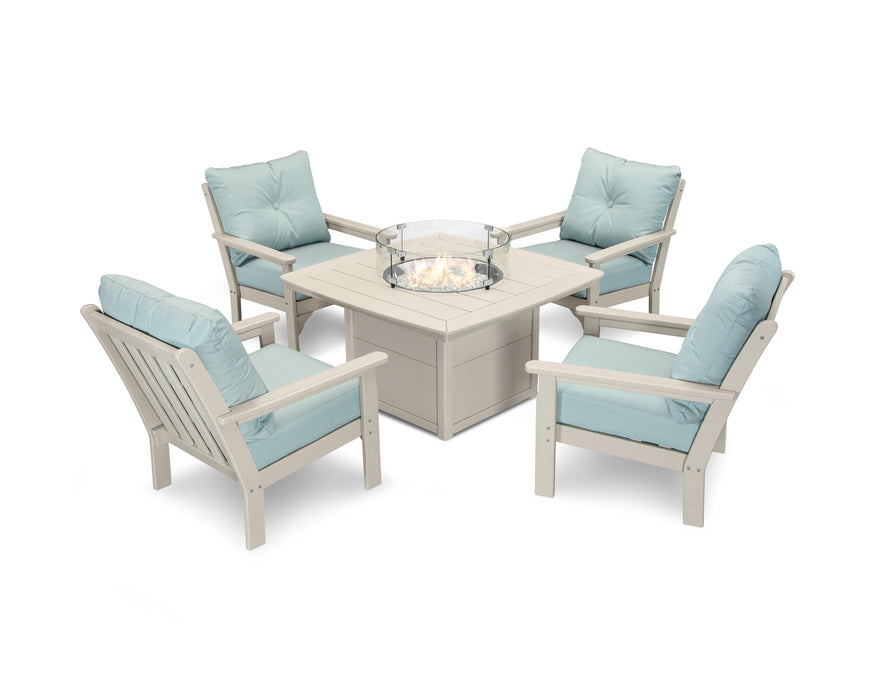 POLYWOOD Vineyard 5-Piece Conversation Set with Fire Pit Table in Sand with Ash Charcoal fabric