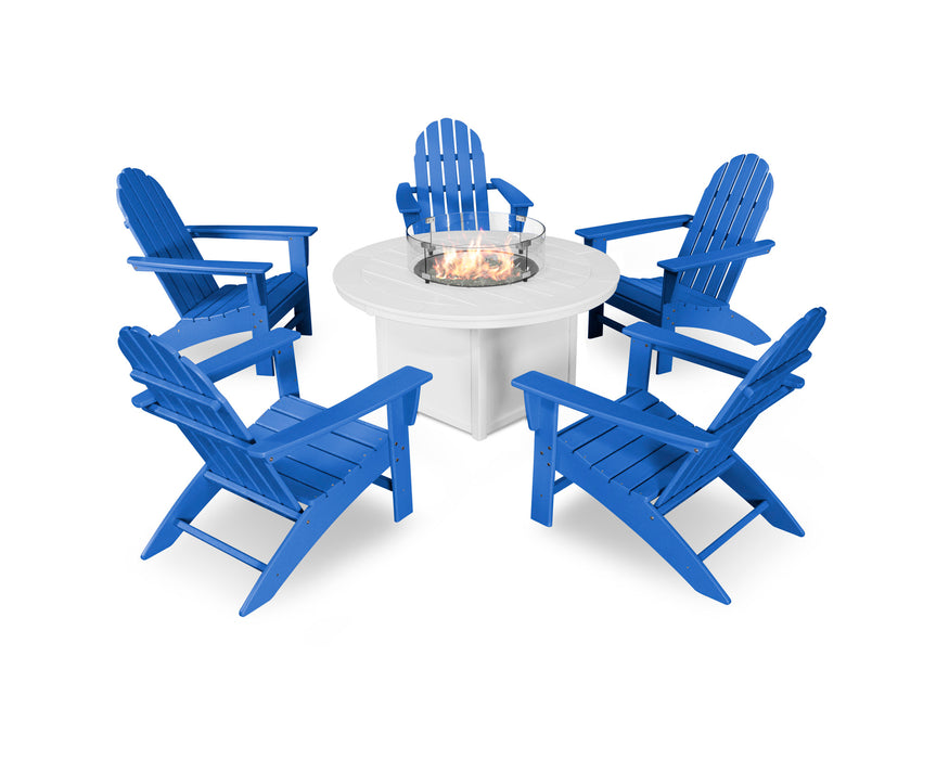 POLYWOOD Vineyard Adirondack 6-Piece Chat Set with Fire Pit Table in Pacific Blue / White