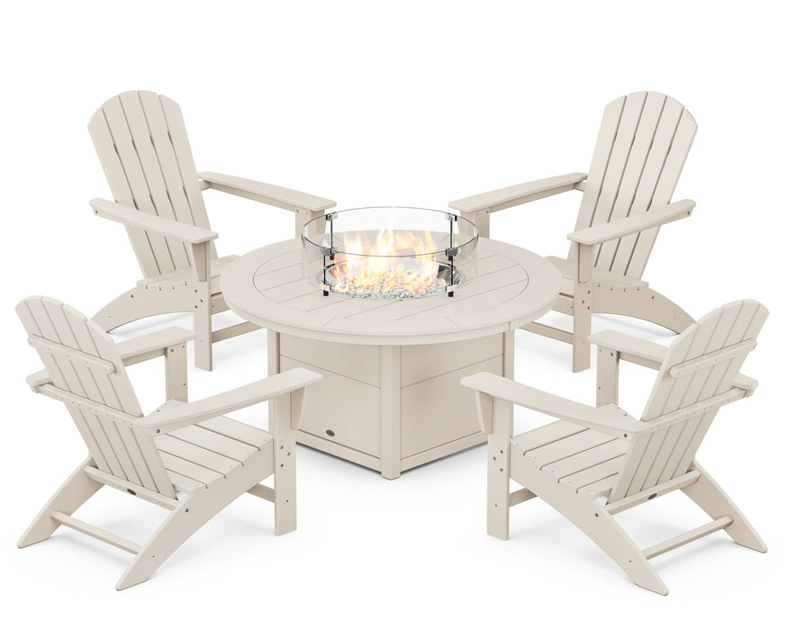 POLYWOOD Nautical 5-Piece Adirondack Chair Conversation Set with Fire Pit Table in Sand