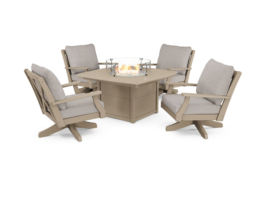 POLYWOOD Braxton 5-Piece Deep Seating Swivel Conversation Set with Fire Pit Table in Vintage White with Natural Linen fabric