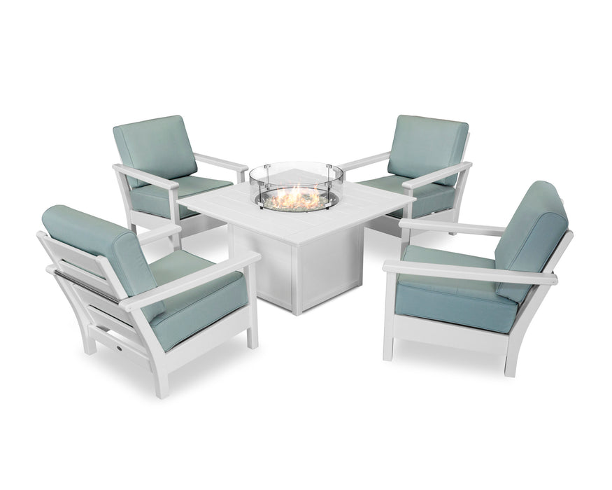 POLYWOOD Harbour 5-Piece Conversation Set with Fire Pit Table in Mahogany with Sesame fabric