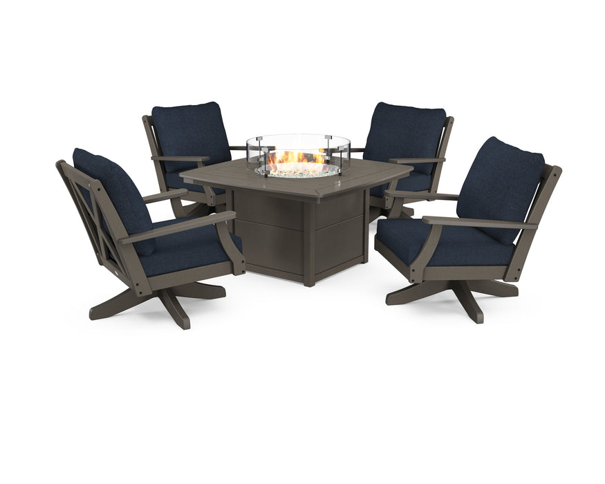 POLYWOOD Braxton 5-Piece Deep Seating Swivel Conversation Set with Fire Pit Table in Sand with Ash Charcoal fabric