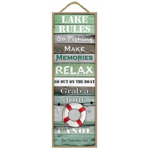 Lake Rules: Red and White Lifesaver Wood Sign