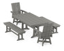POLYWOOD Modern Curveback Adirondack Swivel Chair 5-Piece Farmhouse Dining Set With Trestle Legs and Benches in Slate Grey