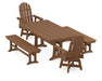 POLYWOOD Vineyard Curveback Adirondack Swivel Chair 5-Piece Farmhouse Dining Set With Trestle Legs and Benches in Teak
