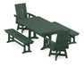 POLYWOOD Modern Curveback Adirondack Swivel Chair 5-Piece Farmhouse Dining Set With Trestle Legs and Benches in Green