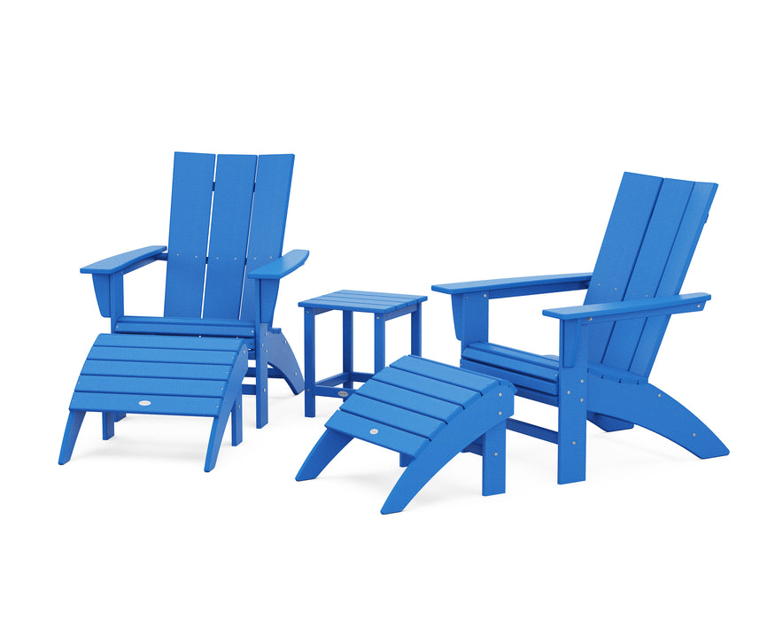 POLYWOOD Modern Curveback Adirondack Chair 5-Piece Set with Ottomans and 18" Side Table in Pacific Blue