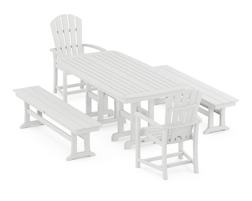 POLYWOOD Palm Coast 5-Piece Dining Set with Benches in White