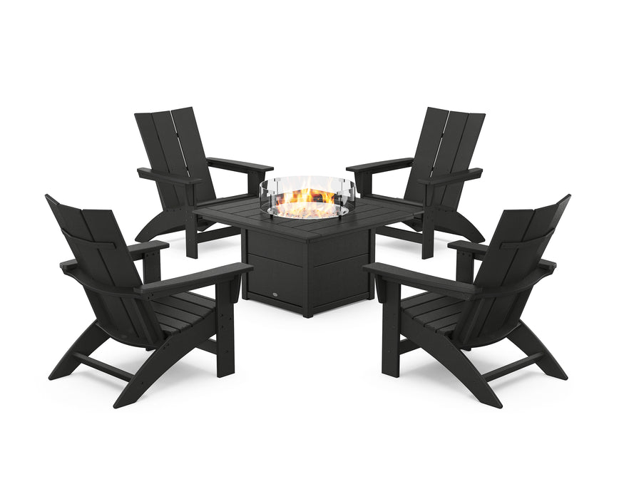 POLYWOOD® 5-Piece Modern Grand Adirondack Conversation Set with Fire Pit Table in Green