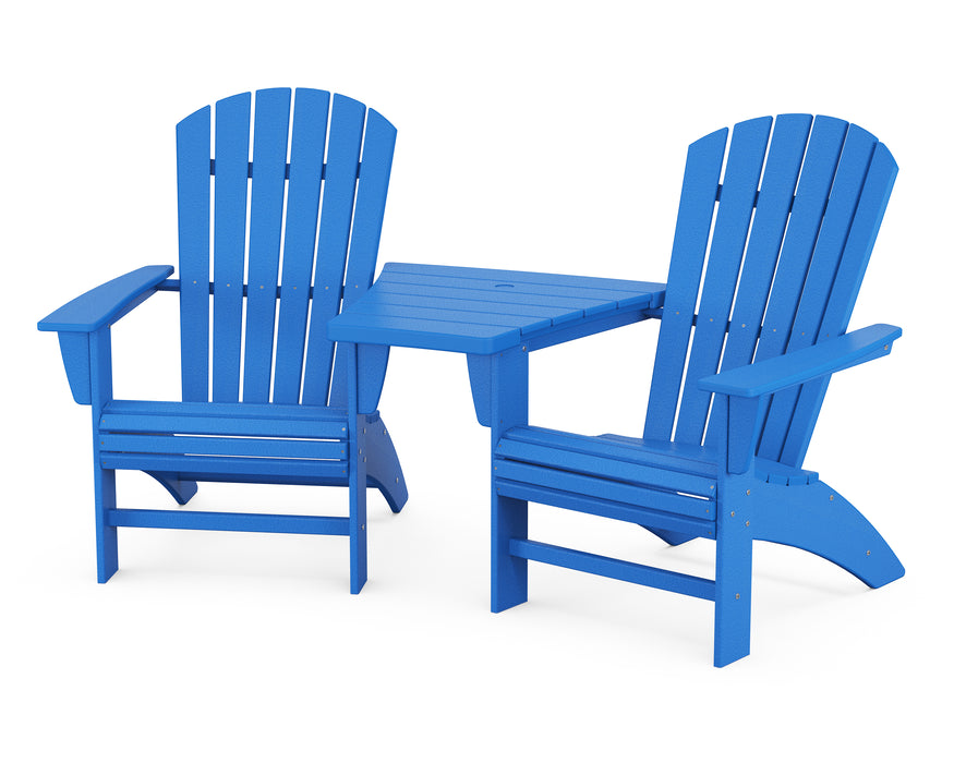 POLYWOOD Nautical 3-Piece Curveback Adirondack Set with Angled Connecting Table in Pacific Blue