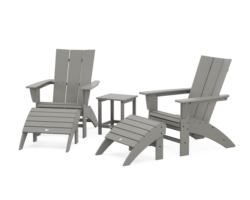 POLYWOOD Modern Curveback Adirondack Chair 5-Piece Set with Ottomans and 18" Side Table in Slate Grey