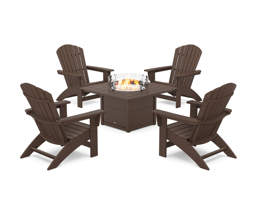POLYWOOD® 5-Piece Nautical Grand Adirondack Conversation Set with Fire Pit Table in Pacific Blue / White