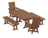 POLYWOOD Modern Curveback Adirondack Swivel Chair 5-Piece Farmhouse Dining Set With Trestle Legs and Benches in Teak