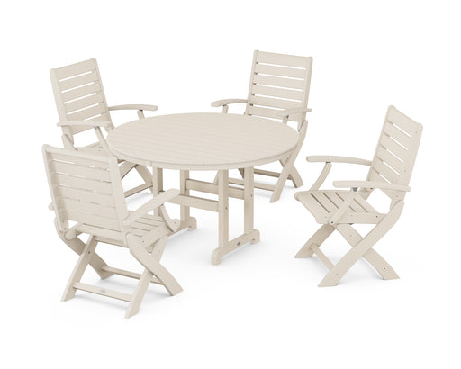 POLYWOOD Signature Folding Chair 5-Piece Round Farmhouse Dining Set in Sand