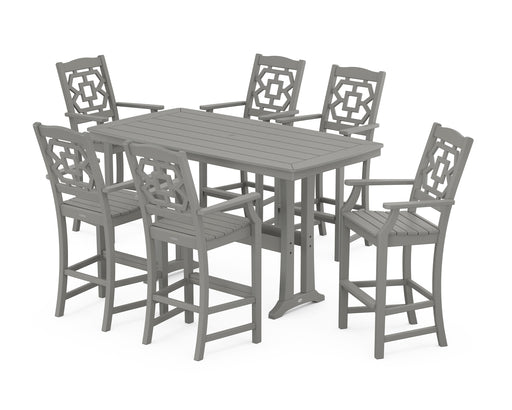 Martha Stewart by POLYWOOD Chinoiserie Arm Chair 7-Piece Bar Set with Trestle Legs in Slate Grey