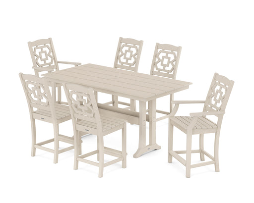 Martha Stewart by POLYWOOD Chinoiserie 7-Piece Farmhouse Counter Set with Trestle Legs in Sand