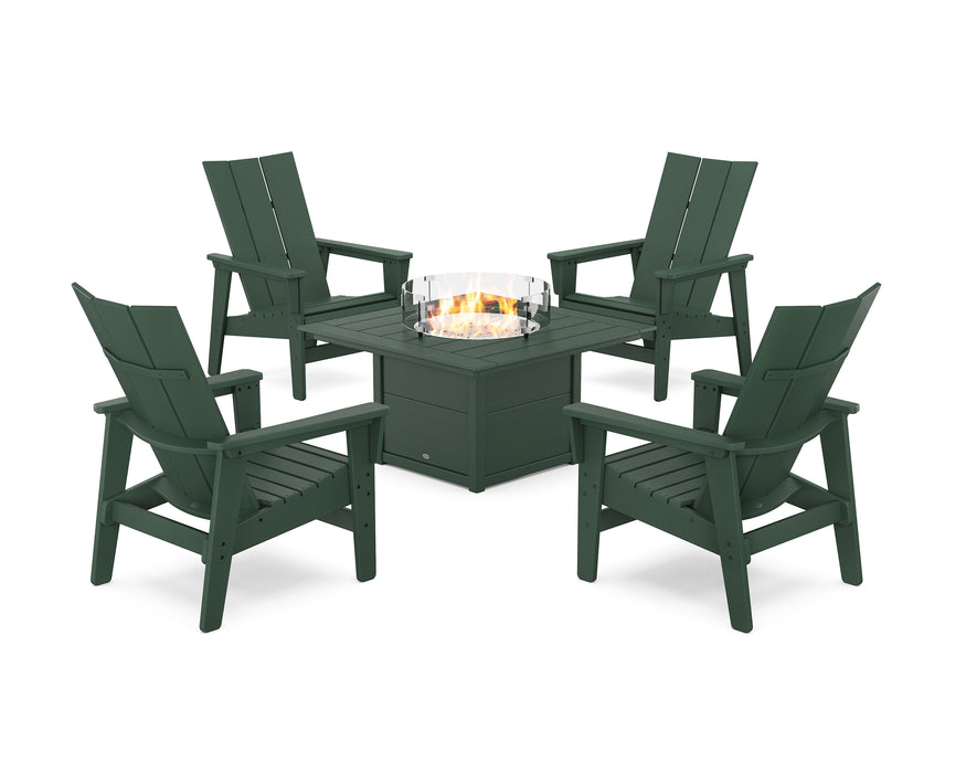 POLYWOOD® 5-Piece Modern Grand Upright Adirondack Conversation Set with Fire Pit Table in Green