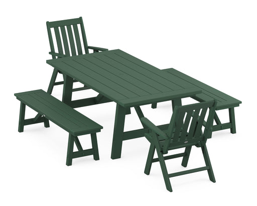 POLYWOOD Vineyard Folding 5-Piece Rustic Farmhouse Dining Set With Trestle Legs in Green