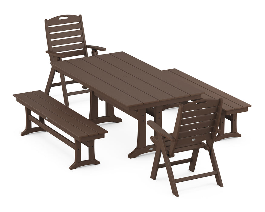 POLYWOOD Nautical Highback 5-Piece Farmhouse Dining Set With Trestle Legs in Mahogany