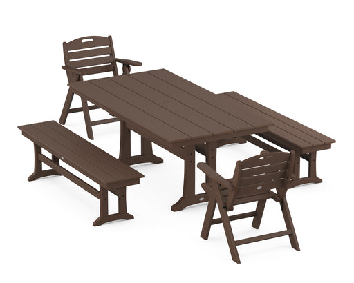 POLYWOOD Nautical Lowback 5-Piece Farmhouse Dining Set With Trestle Legs in Mahogany