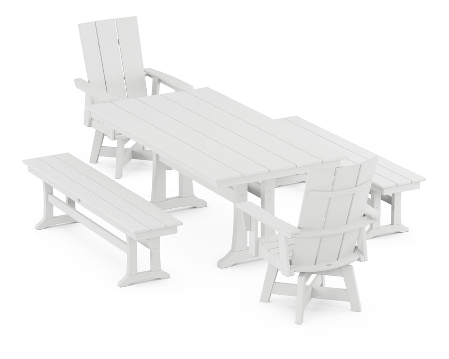 POLYWOOD Modern Curveback Adirondack Swivel Chair 5-Piece Farmhouse Dining Set With Trestle Legs and Benches in White