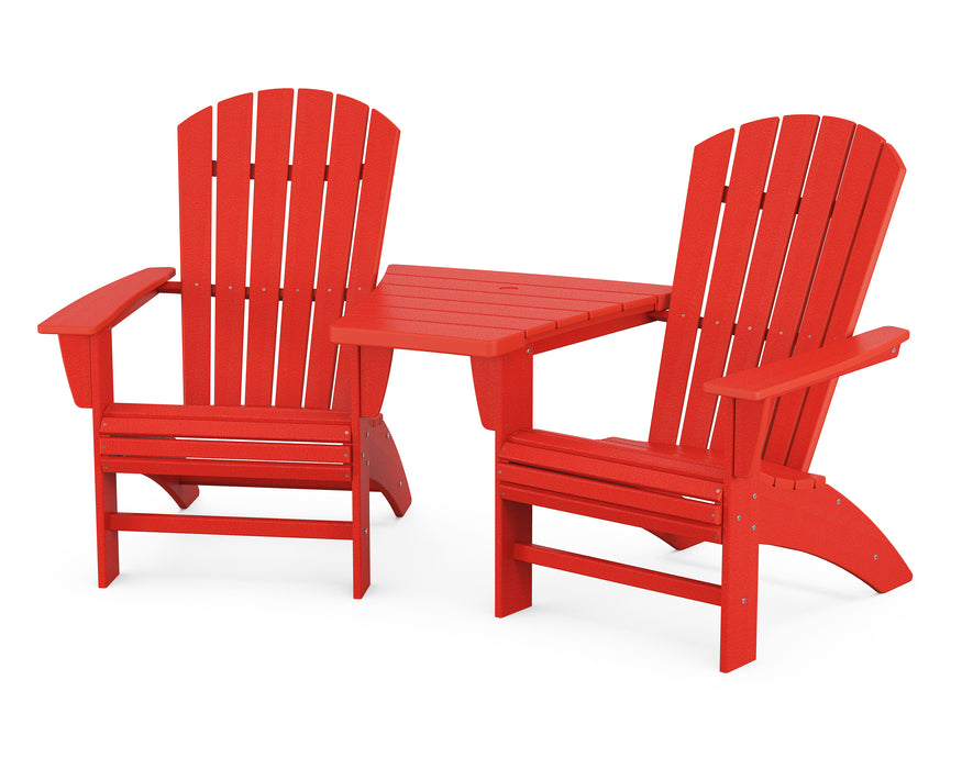 POLYWOOD Nautical 3-Piece Curveback Adirondack Set with Angled Connecting Table in Sunset Red