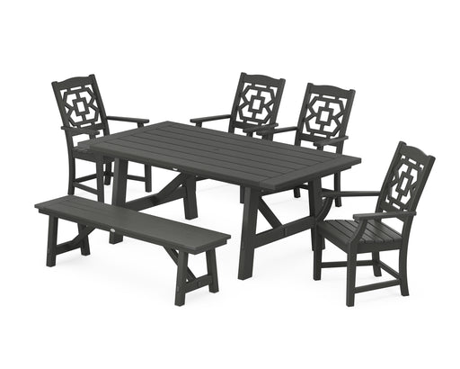 Martha Stewart by POLYWOOD Chinoiserie 6-Piece Rustic Farmhouse Dining Set with Bench in Black