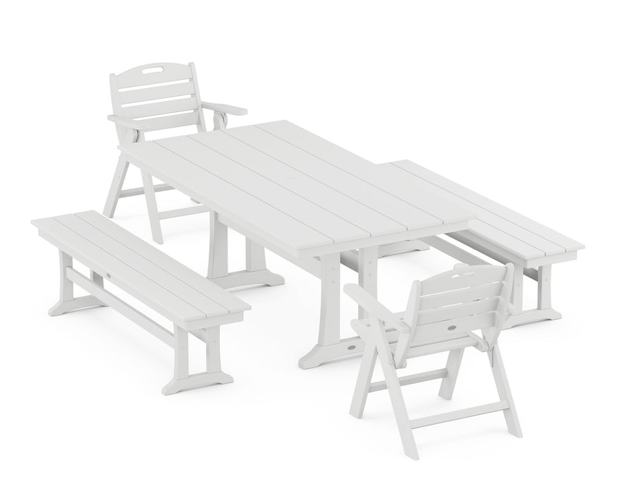 POLYWOOD Nautical Lowback 5-Piece Farmhouse Dining Set With Trestle Legs in White