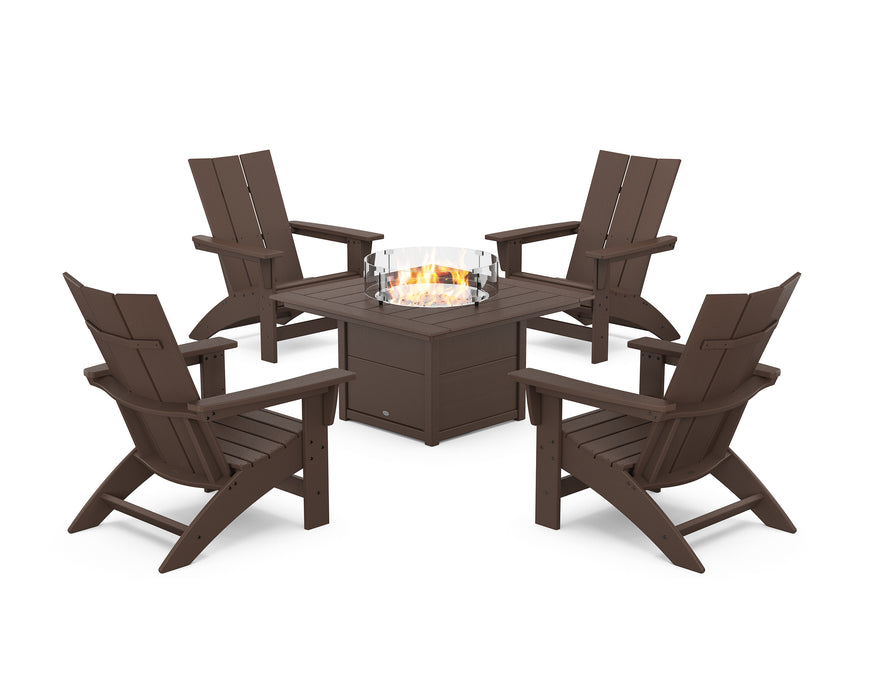 POLYWOOD® 5-Piece Modern Grand Adirondack Conversation Set with Fire Pit Table in Mahogany