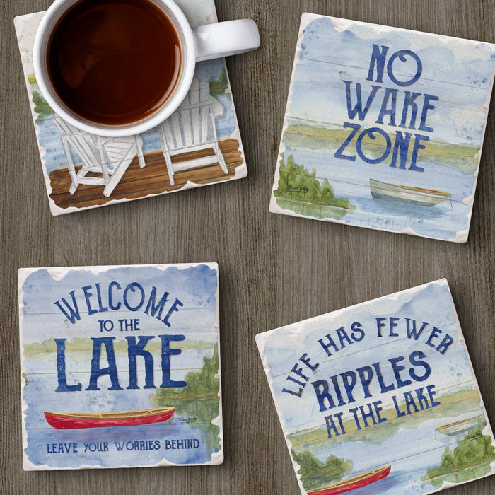 At The Lake Assorted Image Tumbled Tile Coaster 4 Pack