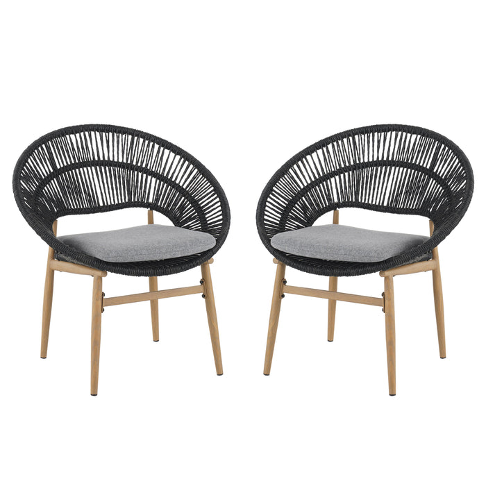 Cyril Outdoor Wicker Papasan Style Dining Chair with Teak Finished Leg and Dark Gray Faux Rattan - Set of 2