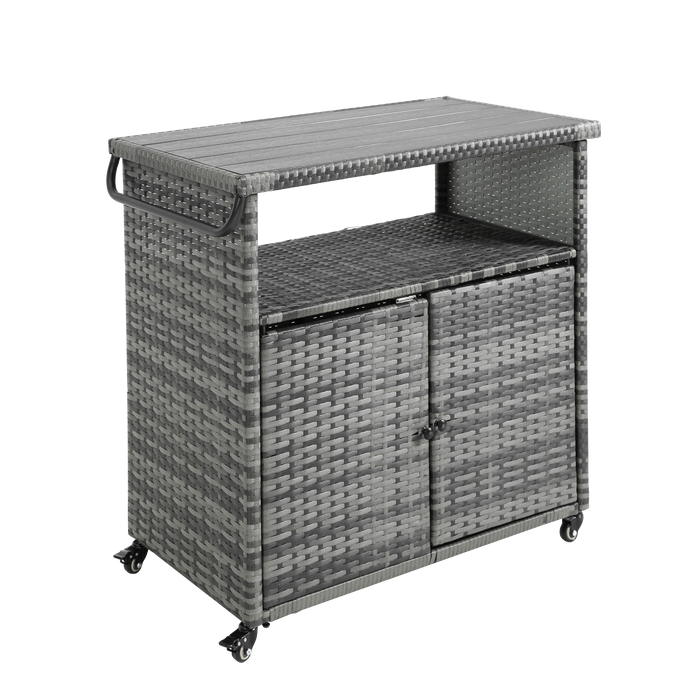 Outdoor Wicker Bar Cart with Glass Top and Wheels
