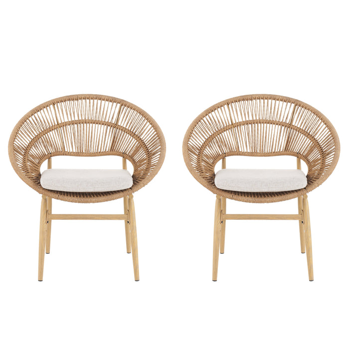 Cyril Outdoor Wicker Papasan Style Dining Chair with Teak Finished Legs - Set of 2